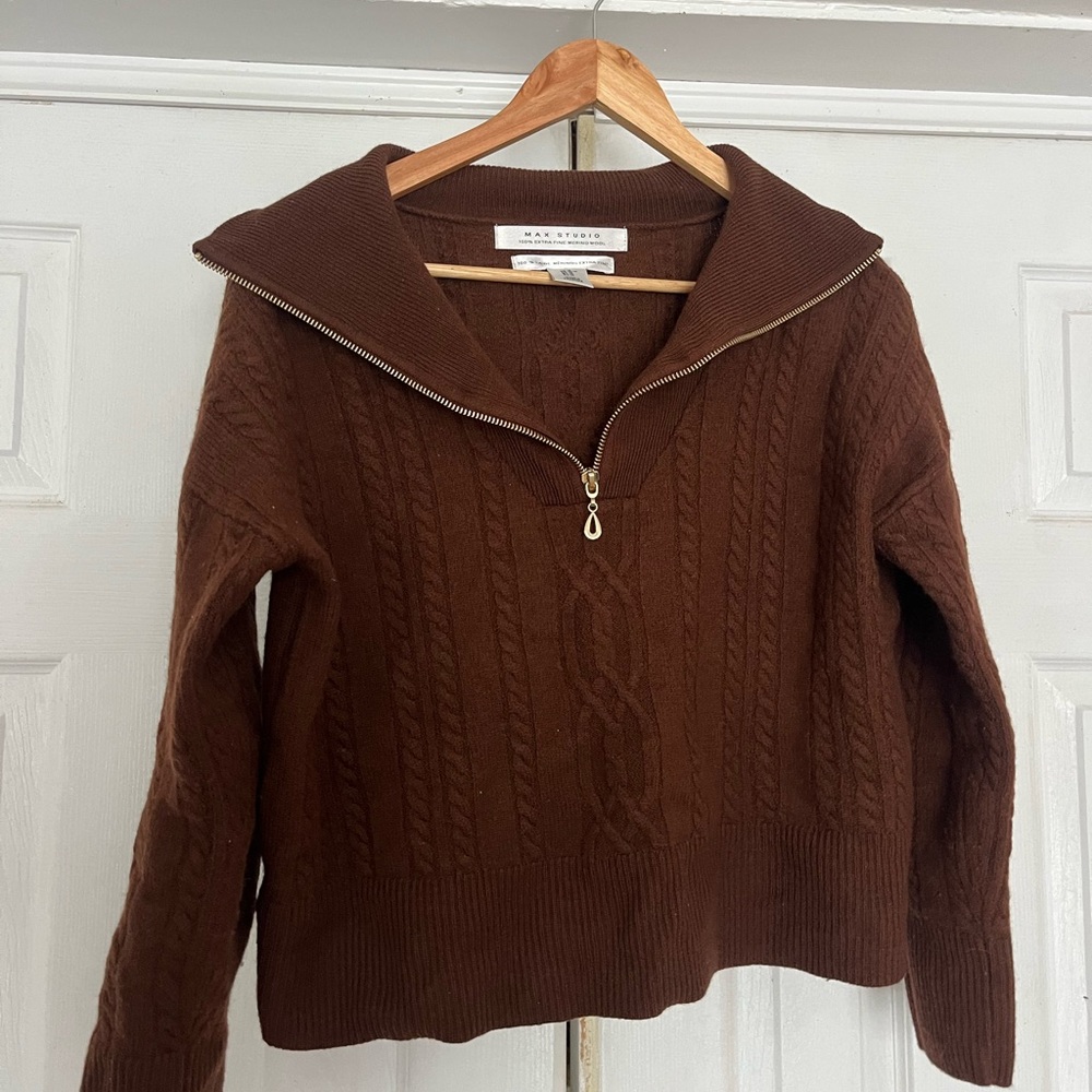 Max Studio Cable Knit Half-Zip Turtleneck Sweater - Brown